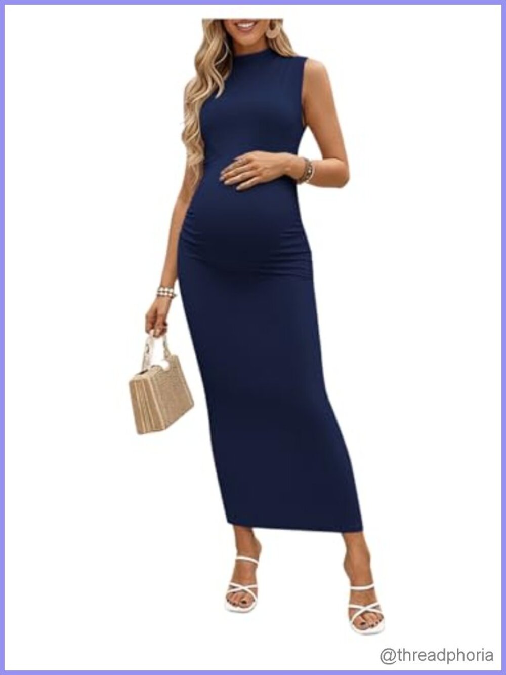 Maternity Mock Neck Sleeveless Ruched Bodycon Maxi Dress for Baby Shower
